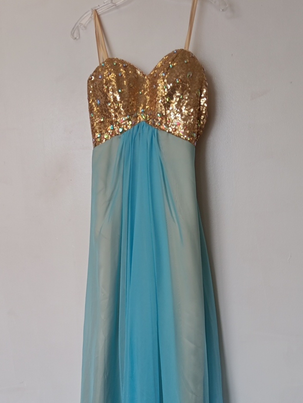 Vintage Faviana Gold Sequin Bodice Aqua Strapless Evening Dress